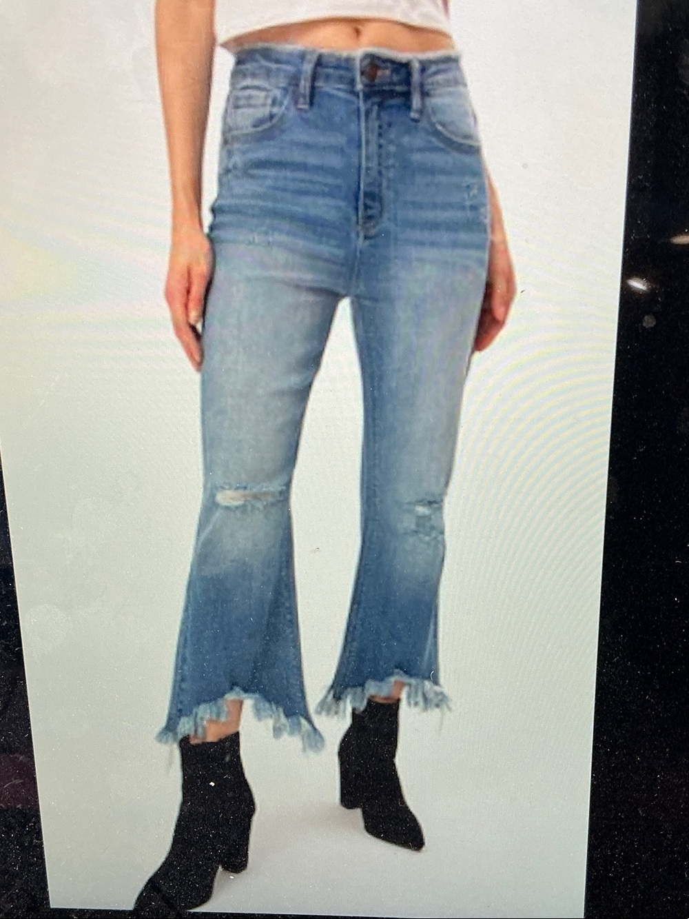 High-Rise Light Blue Frayed Crop Flare Jeans